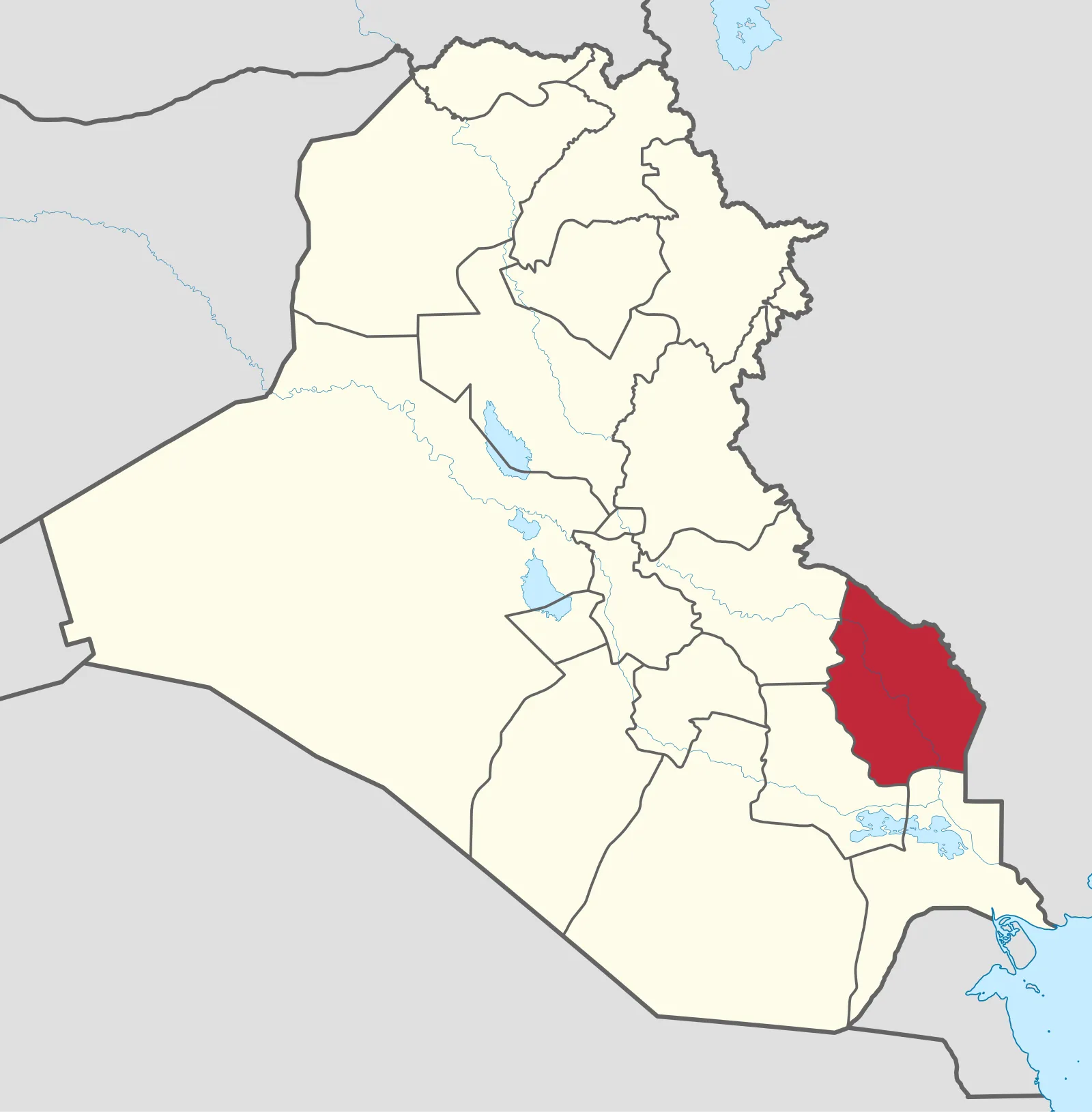 خريطة توضح موقع محافظة ميسان جنوب شرقي العراق على الحدود مع إيران