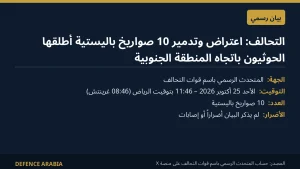 التحالف يعلن اعتراض وتدمير 10 صواريخ باليستية أطلقها الحوثيون باتجاه المنطقة الجنوبية