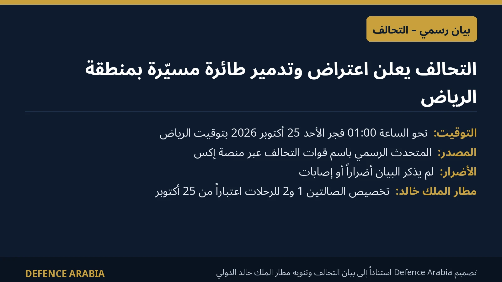 التحالف يعترض مسيّرة بمنطقة الرياض بعد ساعات من إعلان مطار الملك خالد تشغيل صالتين
