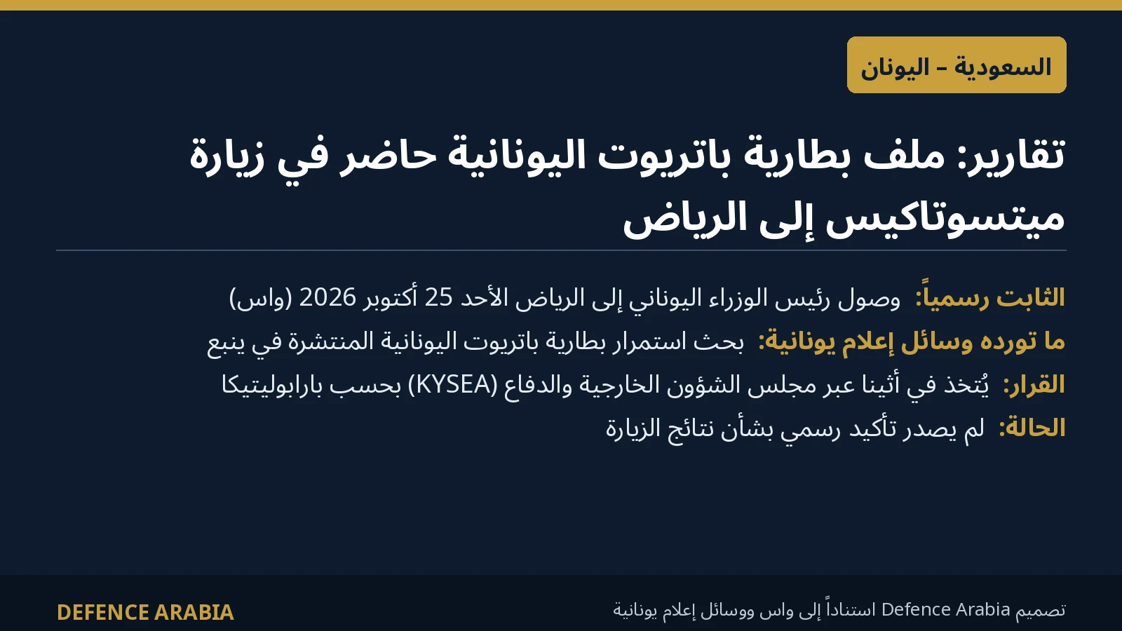 بطاقة معلومات توضح ما هو مؤكد رسمياً وما تورده التقارير عن بطارية باتريوت اليونانية في السعودية خلال زيارة ميتسوتاكيس