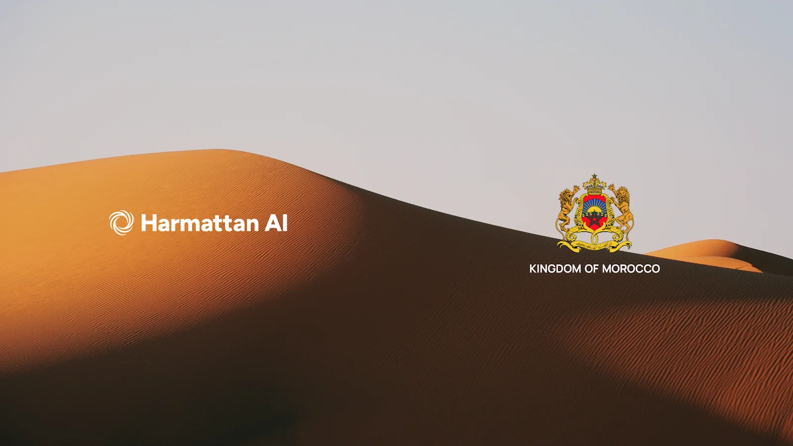 شعار Harmattan AI إلى جانب شعار المملكة المغربية على خلفية كثبان رملية