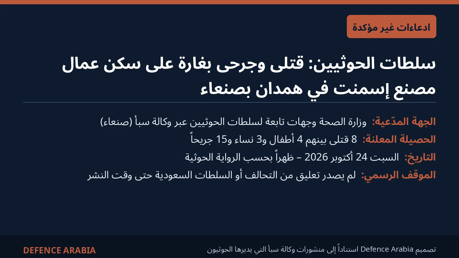 بطاقة معلومات توضح ادعاءات سلطات الحوثيين بشأن غارة همدان صنعاء على سكن عمال مصنع إسمنت في 24 أكتوبر 2026