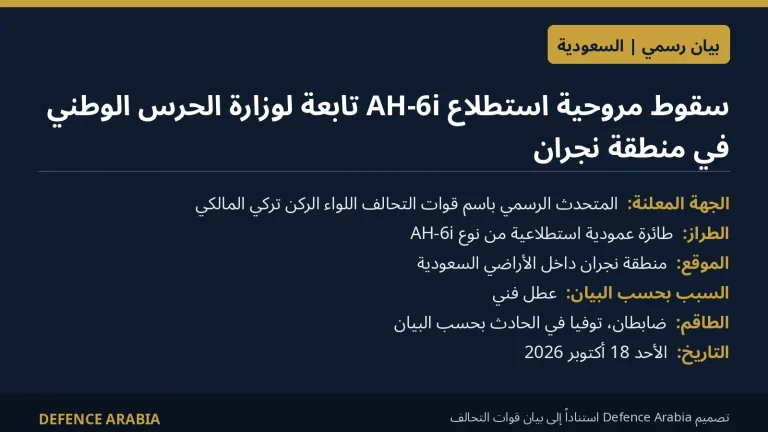التحالف: سقوط مروحية AH-6i للحرس الوطني السعودي في نجران ووفاة ضابطين