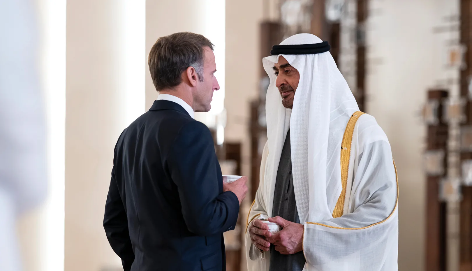 رئيس دولة الإمارات الشيخ محمد بن زايد يتحدث مع الرئيس الفرنسي إيمانويل ماكرون خلال زيارته الرسمية إلى أبوظبي في أكتوبر 2026